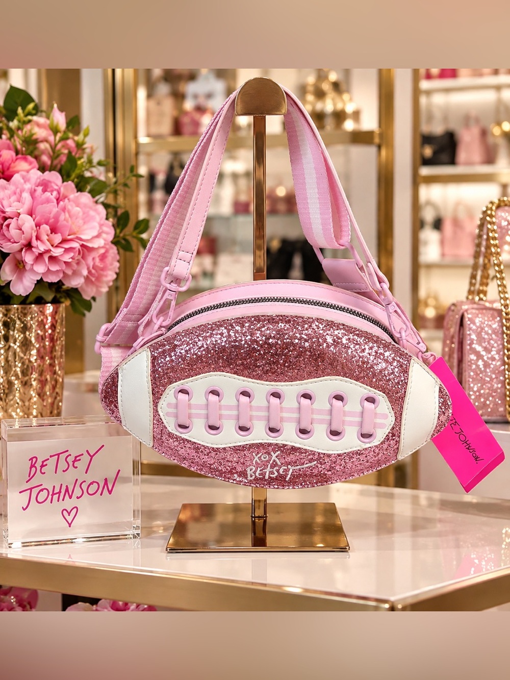 Betsey Johnson Pink Glitter Football-Shaped Crossbody Bag